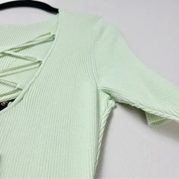 NWT Maje Ruche Tie Back Midi Dress 40 Vert L Ribbed Knit Stretch - Picture 12 of 15